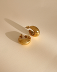 Pair of gold hoop earrings on a beige background